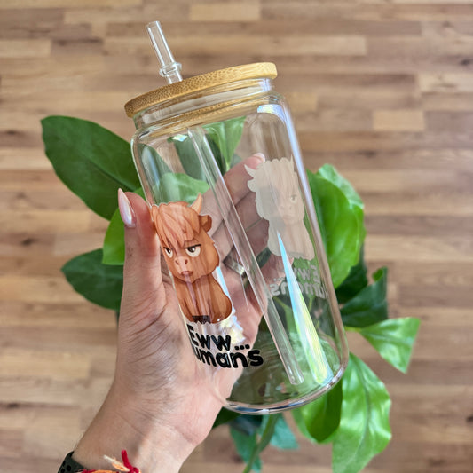 Eww Humans glass with bamboo lid and straw