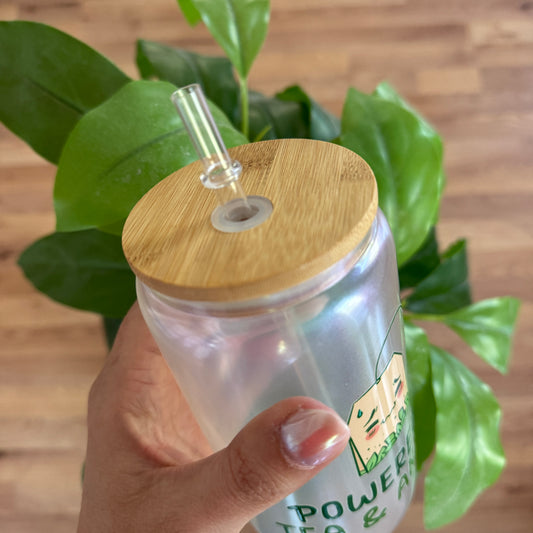 Powered by tea glass with bamboo lid and straw