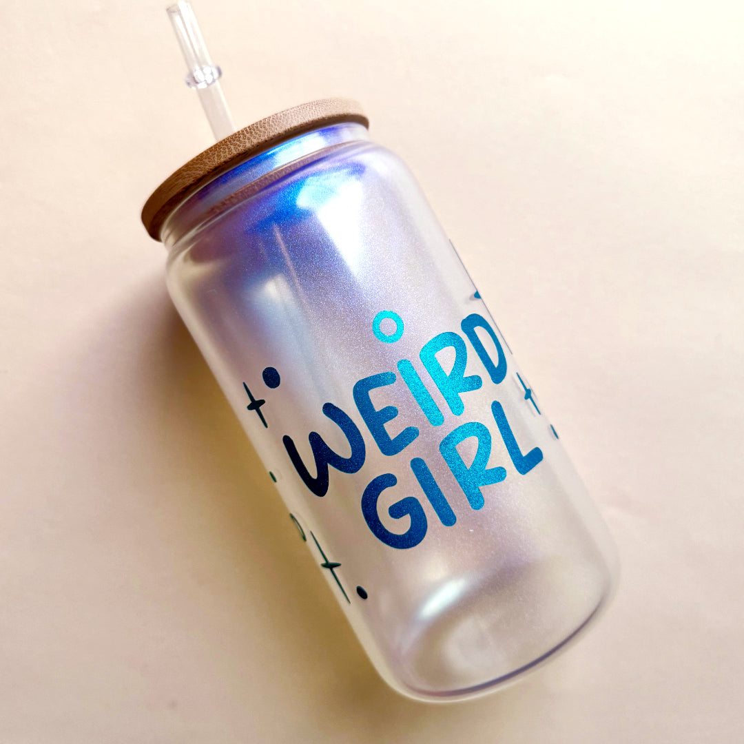 Glass with bamboo lid and straw "Weird girl"