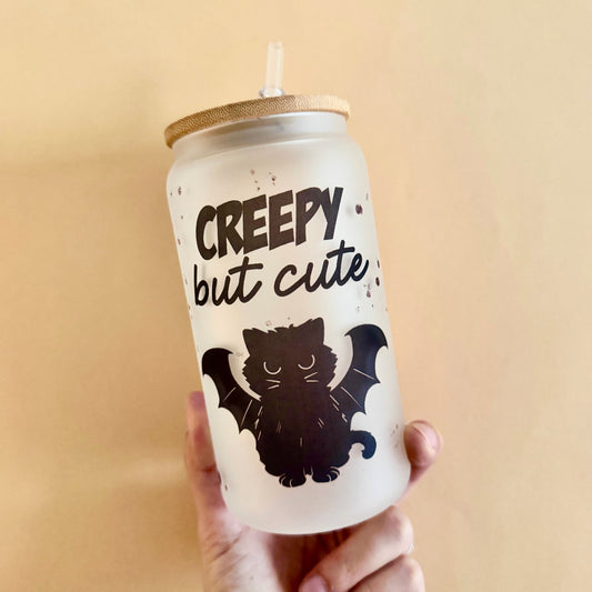 "Creepy but cute" glass with bamboo lid and straw