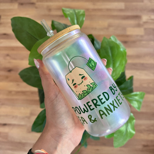 Powered by tea glass with bamboo lid and straw